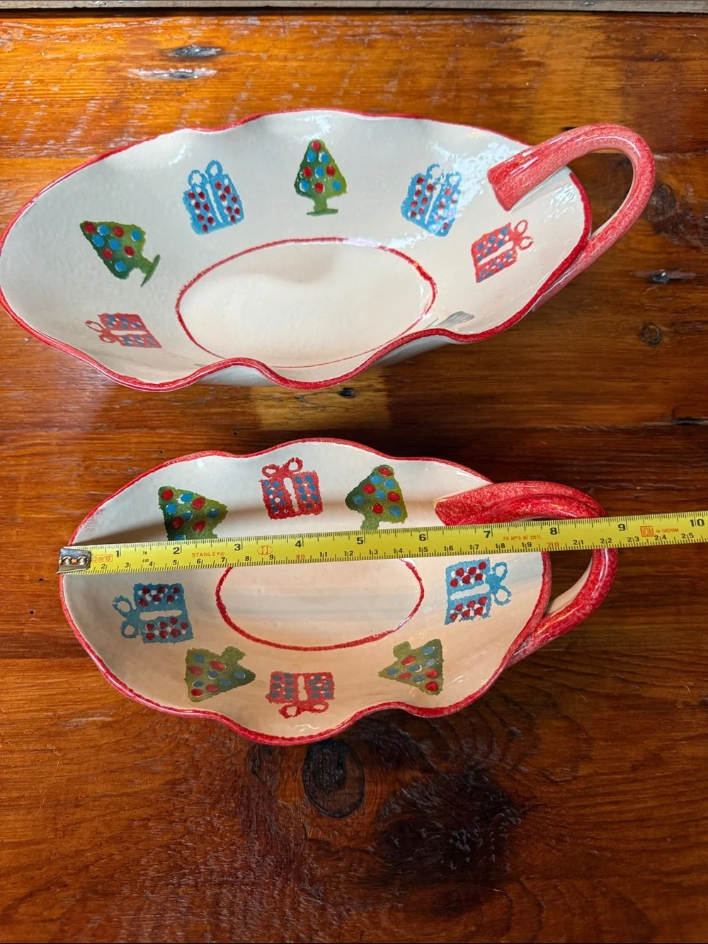 🎄 2 Holiday Tree & Gift Ceramic Serving Bowls with Handles Red Trim